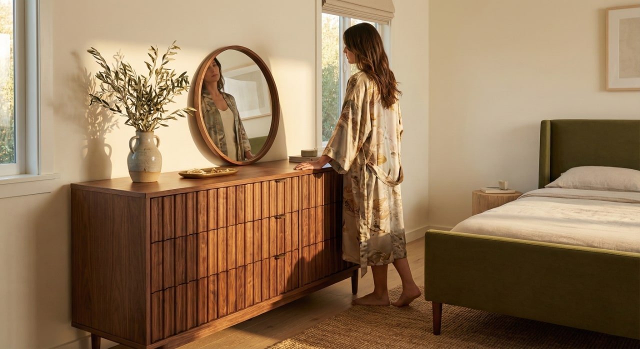 Exquisite ORRD fluted walnut dresser styled in a bedroom interior during golden hour sunset.