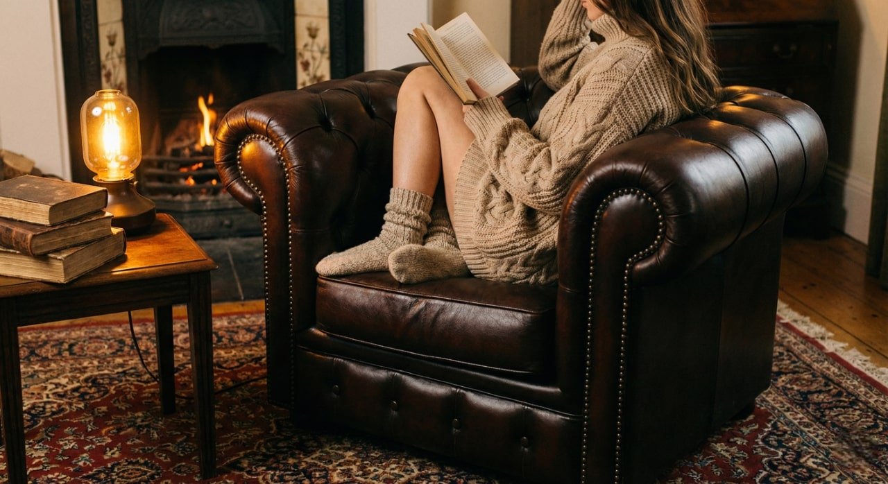 Cozy IFGET Chesterfield accent chair in dark brown leather placed in a reading nook with soft warm lighting.